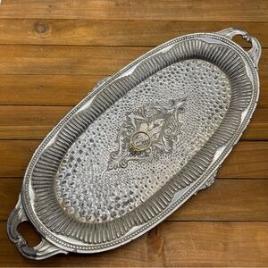 Vintage NK Japan Silver Oval Tray Hammered Metal for Vanity or Serving